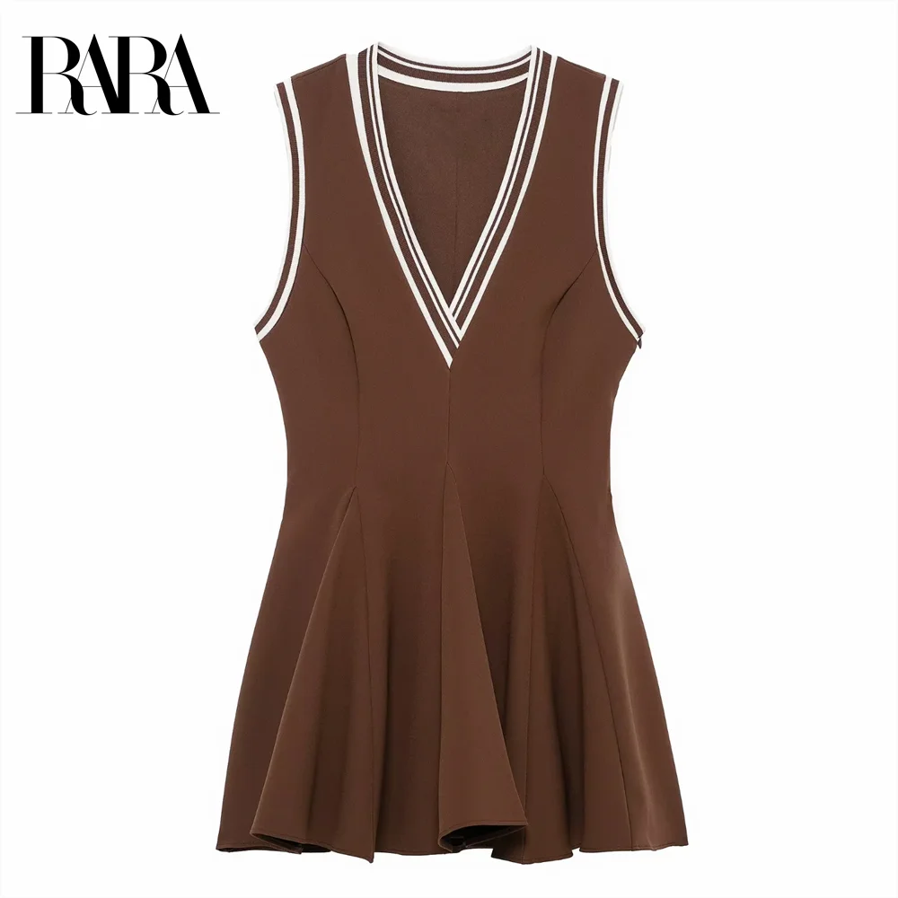 

2025 RARA contrast color design V-neck sleeveless knitted wavy wide hem A-line dress short skirt women's clothing