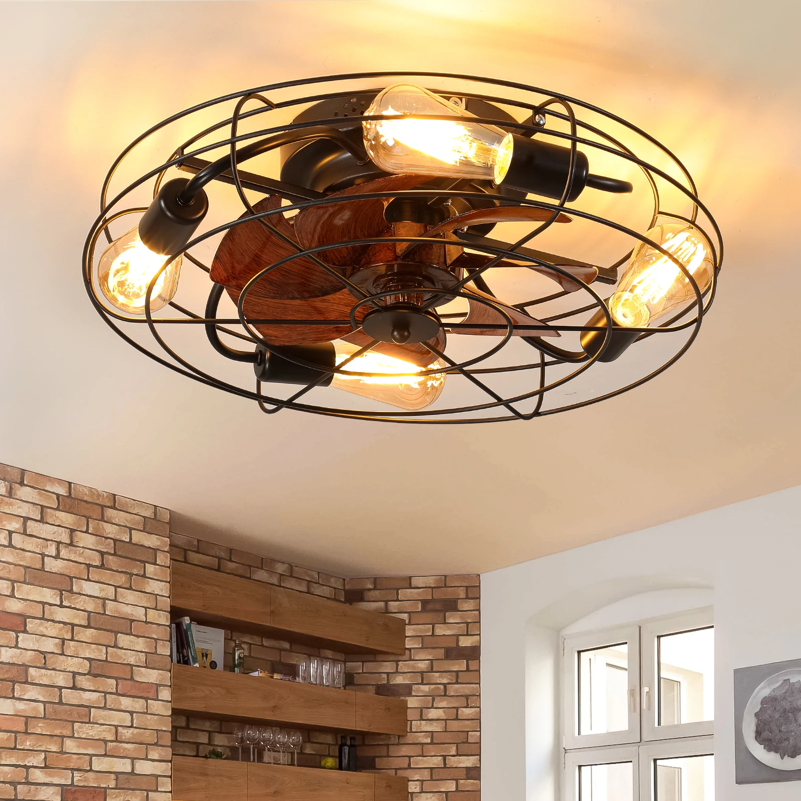 

Black cage ceiling fan with light, 20 inch farmhouse ceiling fan light, remote control with 4x E26 bulb ceiling fan