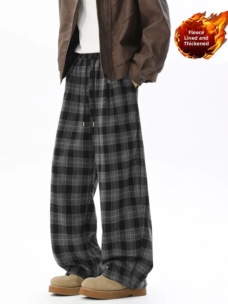 

BOYUE японские шерстяные повседневные брюки в клетку на подкладке, тяжелые драпированные широкие брюки для ленивых, теплые осенне-зимние брюки