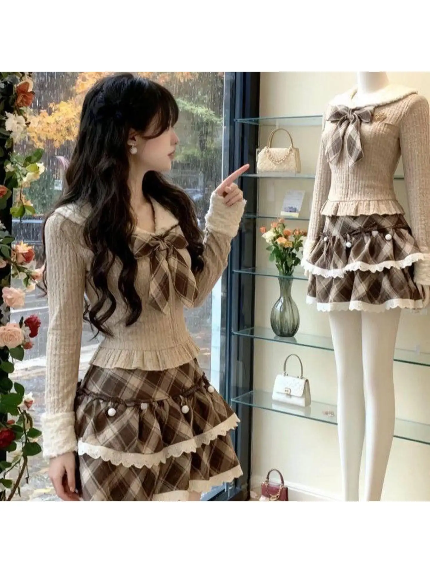 Spring Autumn  Knot Navy Collar Long Sleeve Knitted Slim Fit Puffy Skirt Two Piece Set Sweet Heart Girl Style