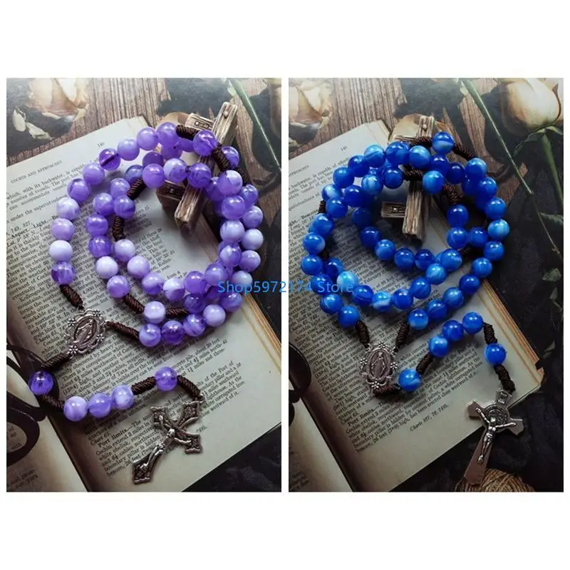 Y3NB Rustic Agate Catholic Rosary Necklace Holy Figure Jesus Ornament Crafts