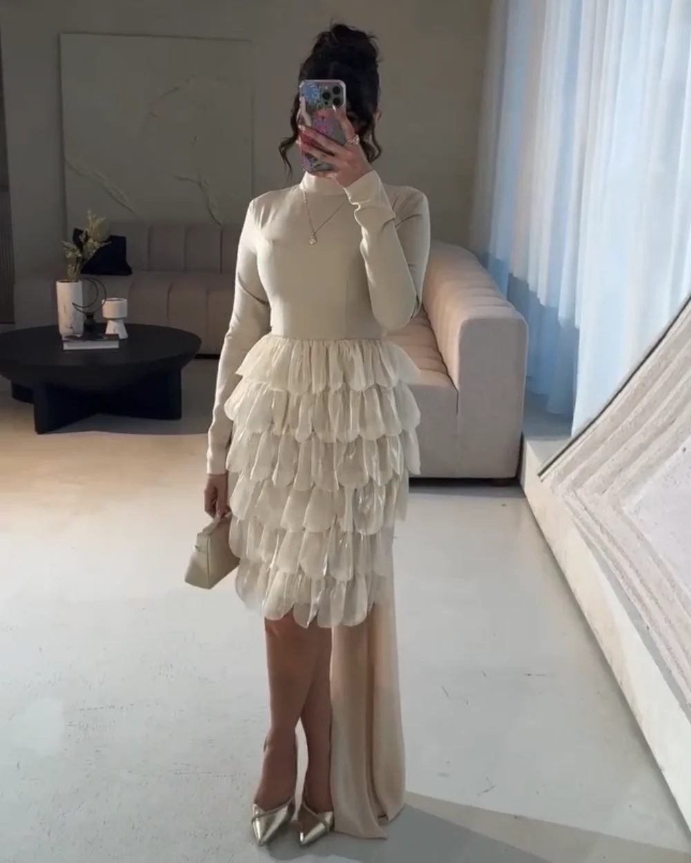 

Customized Fashion Jersey Pleat A-line High Collar Knee Length Dresses Bespoke Occasion High Quality Formal
