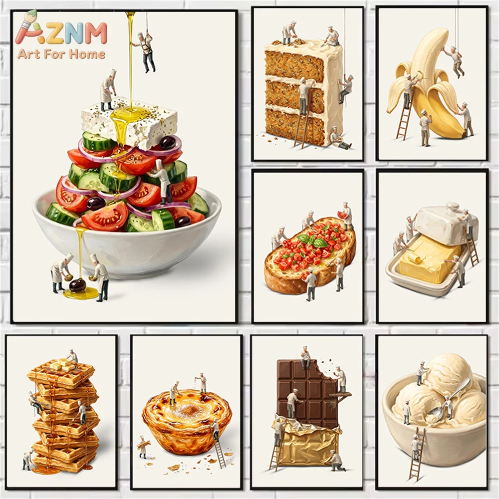 AZNM Frameless Canvas Wall Art, Creative Mini Chef Figure Gourmet Salad Cake Banana Chocolate Dessert Food Illustration Print Po