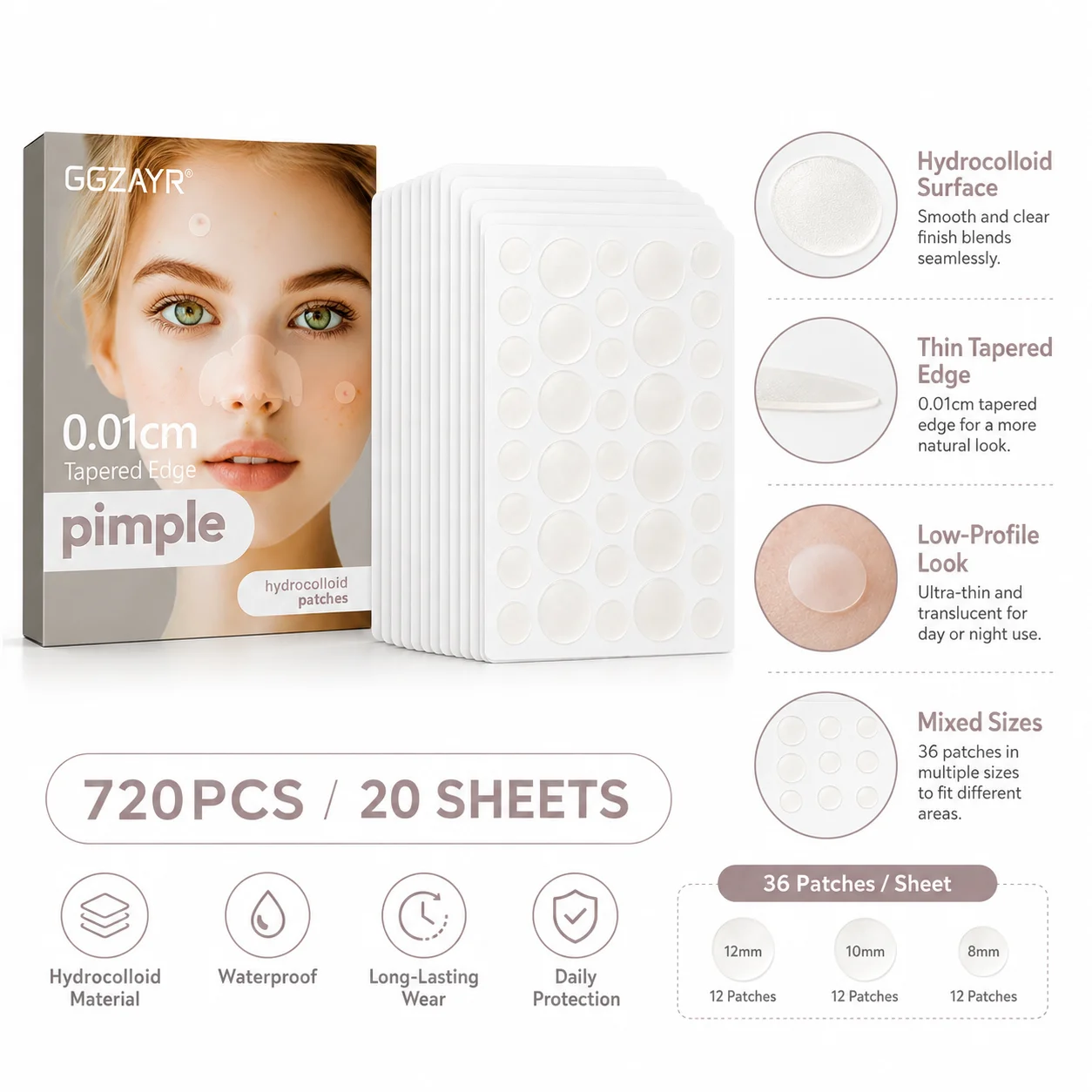720PCS Hydrocolloid Pimple Patches Ultra Thin Invisible Acne Patch Waterproof Blemish Spot Stickers for Daily Care