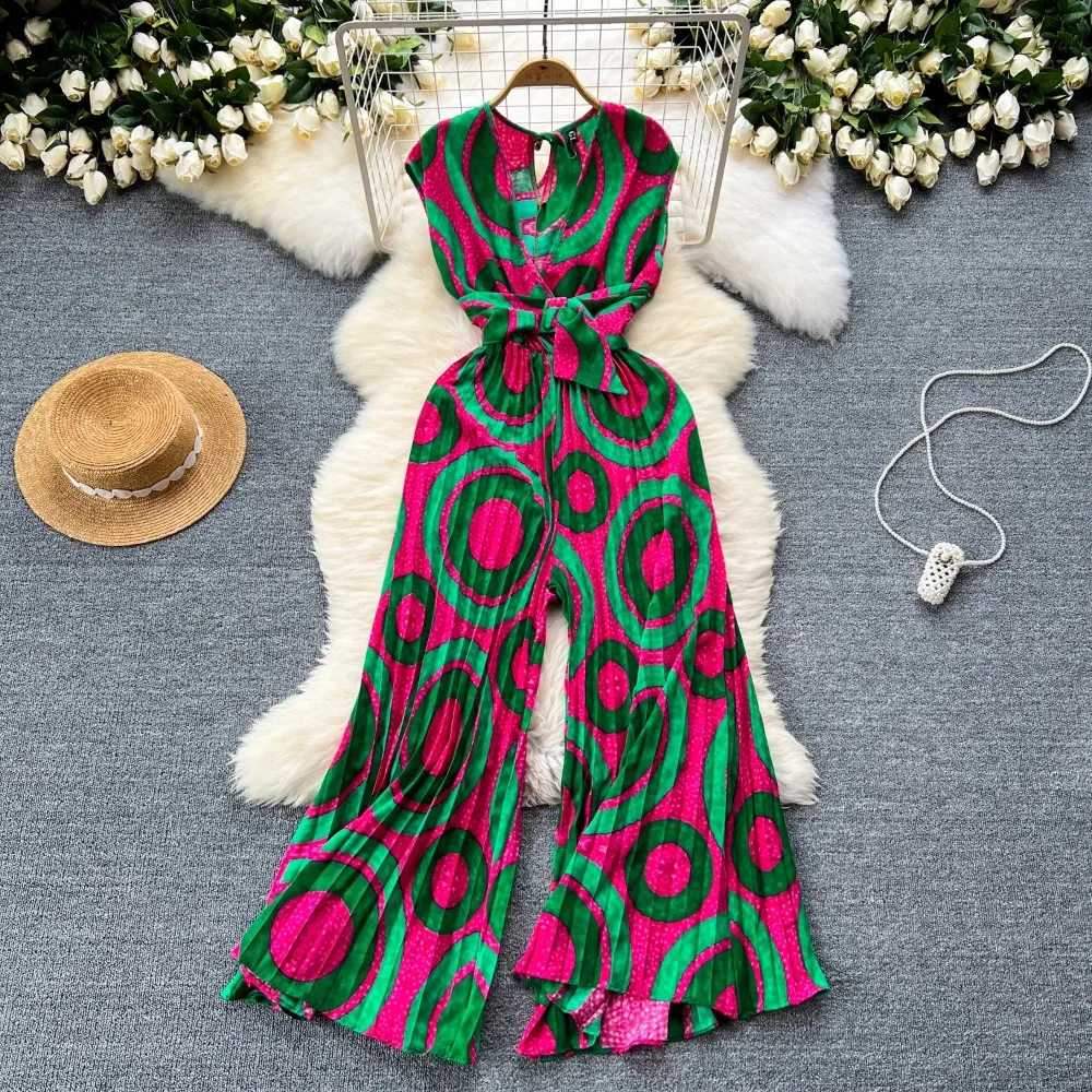 

Chic Elegant Print Jumpsuit Vintage Sleeveless vneck High Waist Romper Casual Wide Leg Pants Summer Women Playsuit