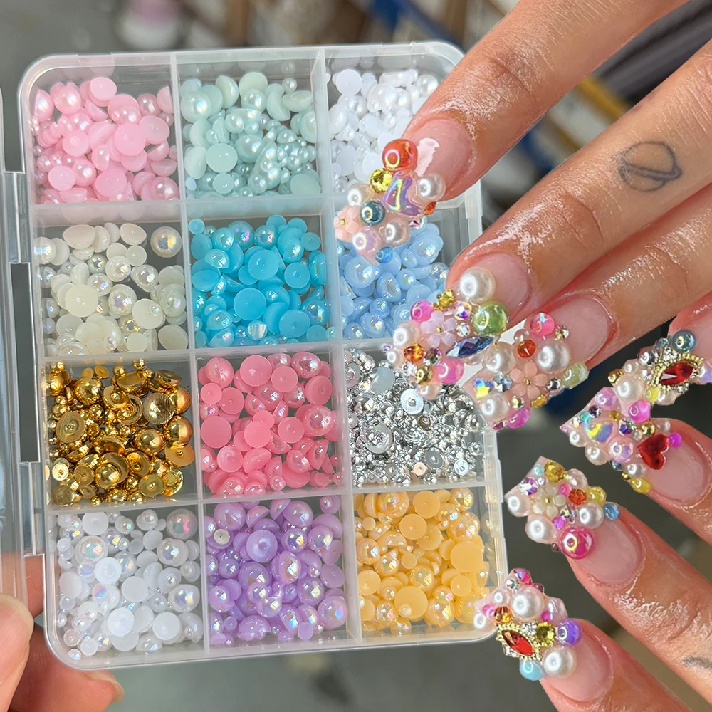 12 griglie 3D caramelle colorate perle nail art charms metà tondo perlescente rosa/bianco/blu perle miste gioielli per unghie Kawaii nail dicembre