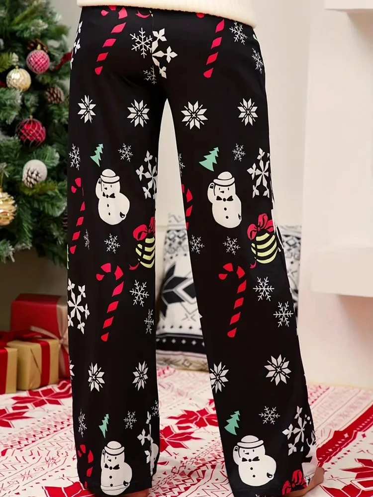 Fashion Plus Size Christmas Pants for Women High Waist Wide Leg Pants with Elastic Drawstring Wide Leg Pants