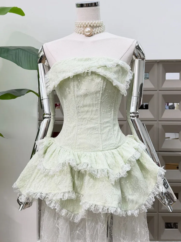 Dfdg feminino primavera luz verde sem alças espartilho vestido em camadas plissado elegante festa formal wear 2025 na moda roupa feminina vestido