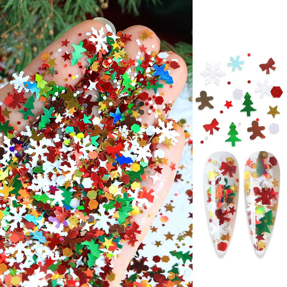 홀로그램 크리스마스 네일 스팽글 진저브레드 눈송이 리본 네일 아트 글리터 겨울 크리스마스 매니큐어 액세서리