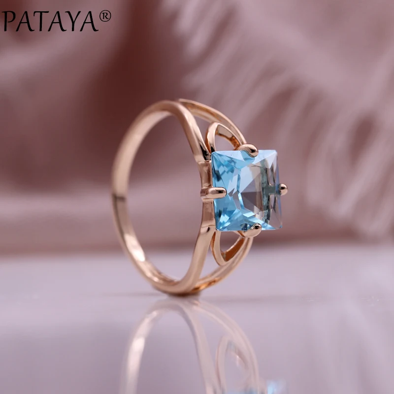 PATAYA New Trend Woman Gift 585 Rose Gold Color Earrings Ring Set Square Natural Zircon Noble Fashion Jewelry Set 2020