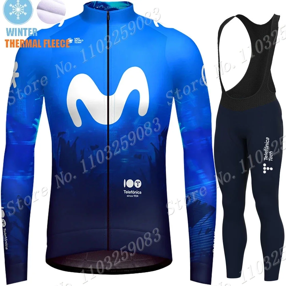 Winter M Cycling Jersey Pro Team 2024 Set Thermal Fleece Blue Spain Clothing Long Sleeve Road Pants Bib Bike Suit MTB Maillot