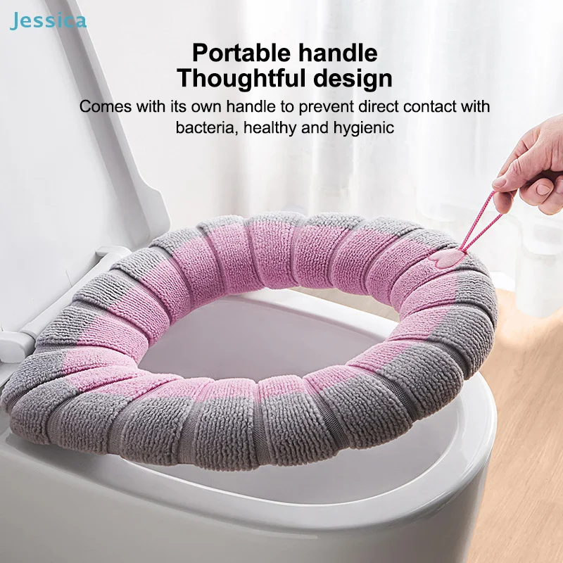 ♥Soft Plush Toilet Seat Cover - Portable Handle Design Cushion with Elastic Band for Bathroom Comfort