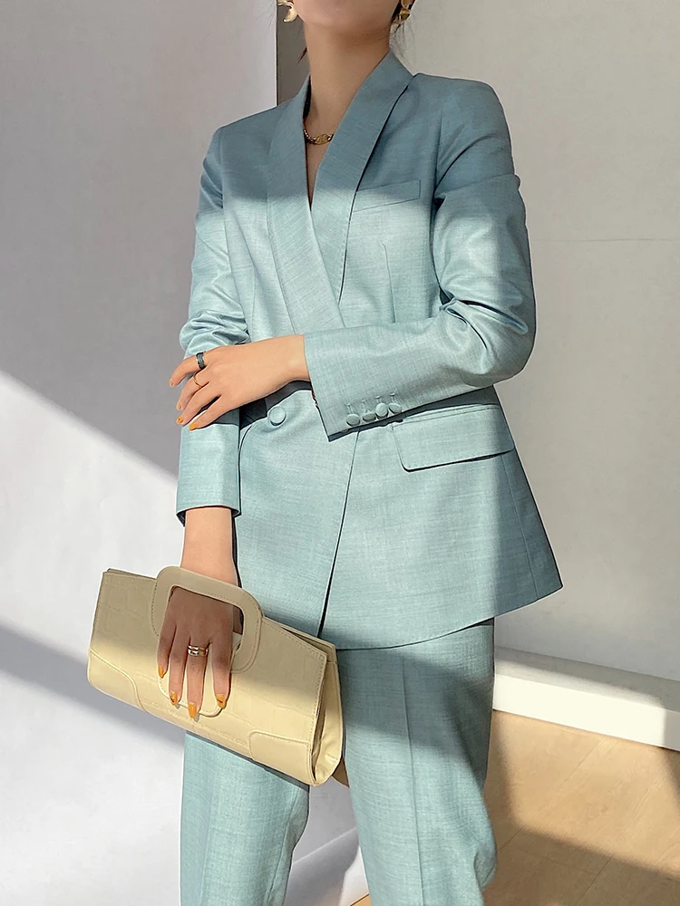 Terno azul slim fit Jaet feminino outono novo Sle Qingguo gola cintura cinched carreira usar conjunto de terno de emagrecimento commute Sle P...