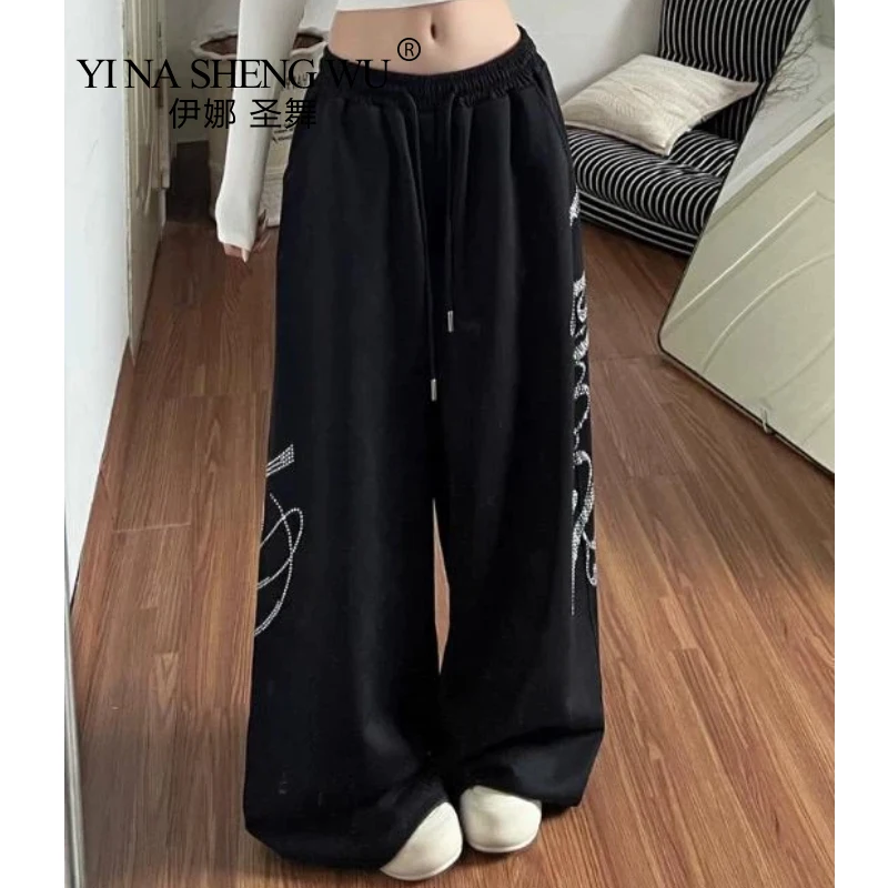High Waist Glitter Letter Wide Leg Dance Pants Women Street Style Loose Jazz Sports Sweatpants All Season Casual Long Trousers