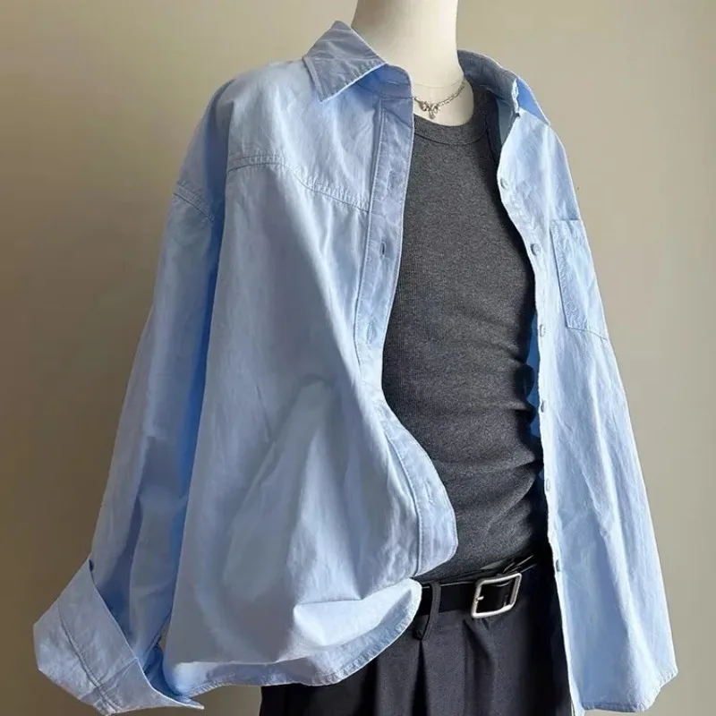 

Женская светло-голубая рубашка оверсайз с длинным рукавом, отложным воротником и пуговицами, повседневная, свободного кроя