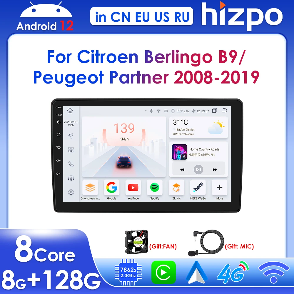 Hizpo Wireless Carplay Car Multimedia Player for Citroen Berlingo B9 Peugeot Partner 2008-2019 Android Navi GPS Stereo 4G Radio