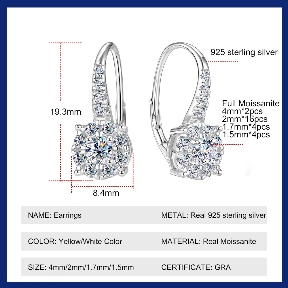 Sweetrain All Moissanite Hoop Earrings Full Diamond Round Cut Sparkling Women's Earrings 925 Sterling Silver Plated 18k Jewelry