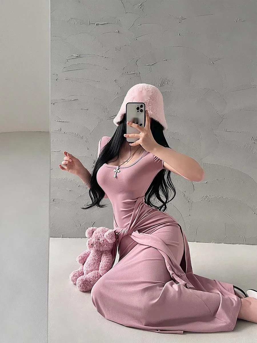 Pure Desire Sexy U Neck Fake Two Piece Strap Up Waist Short Sleeve Dress Elegant Long Dress Sweet Fashion Sexy Women CL30