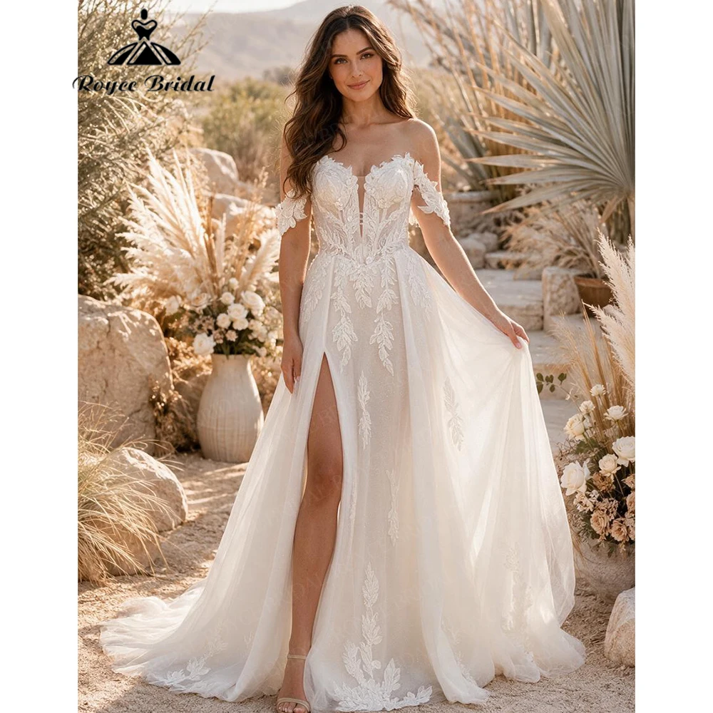 Roycebridal V Neck Appliques Elegant A Line Wedding Dresses 2027 Off The Shoulder Beach Bridal Gown Customized vestido de novia