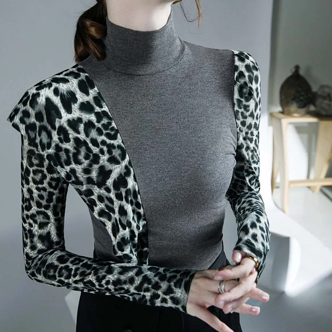 Leopard Printing Patchwork Y2K Bottoming Shirt Spring Autumn New Long Sleeve Slim Elegant Tops Vintage Fashion Women Clothing