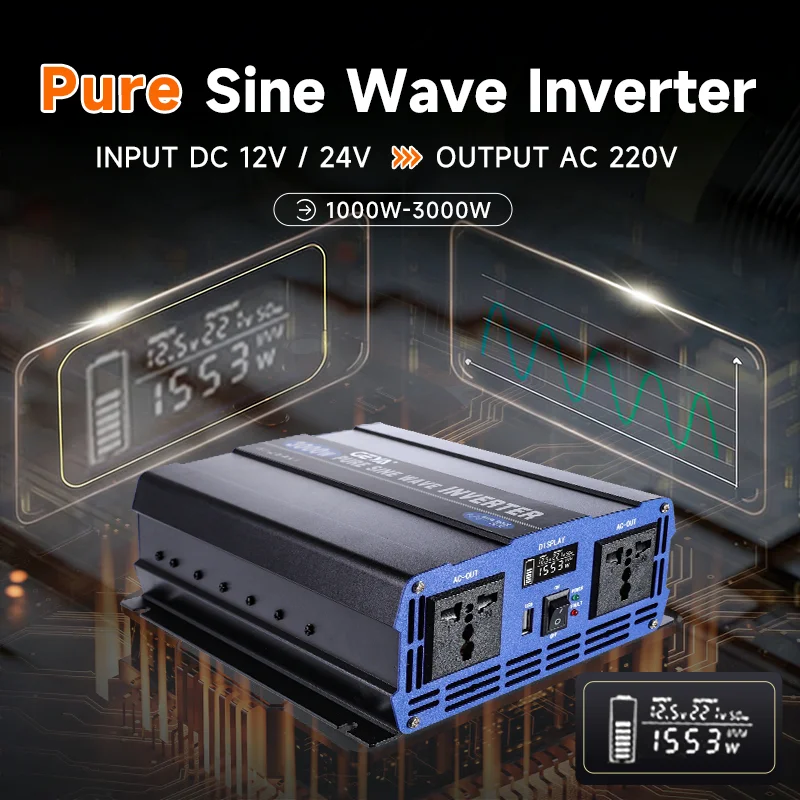 

GEYA Pure Sine Wave Inverter Car Power Inverter DC 12V to AC 220V Universal EU Socket for RV, Truck, Solar Auto Accessories