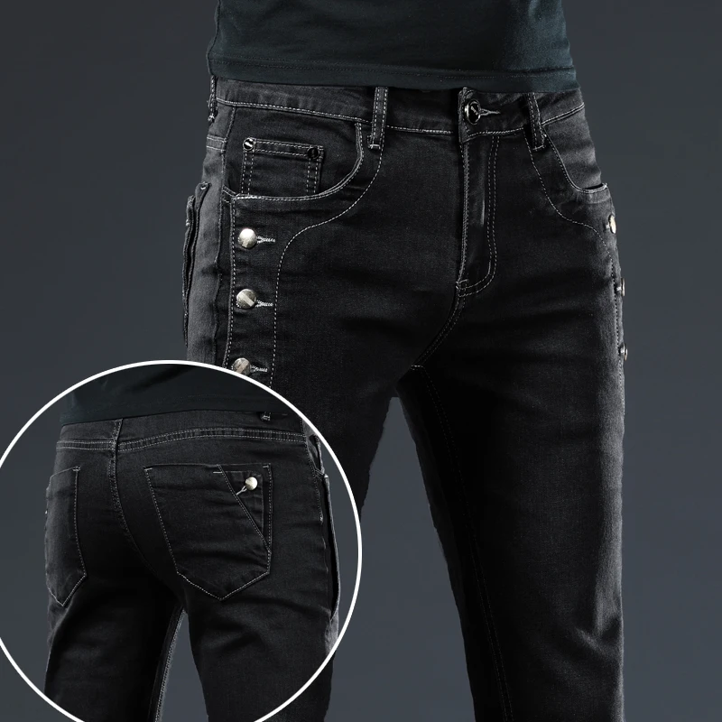 

Multi-button Youth Male Denim Pants New Men Slim Button Black Skinny Jeans Solid Color Stretch Skateboard