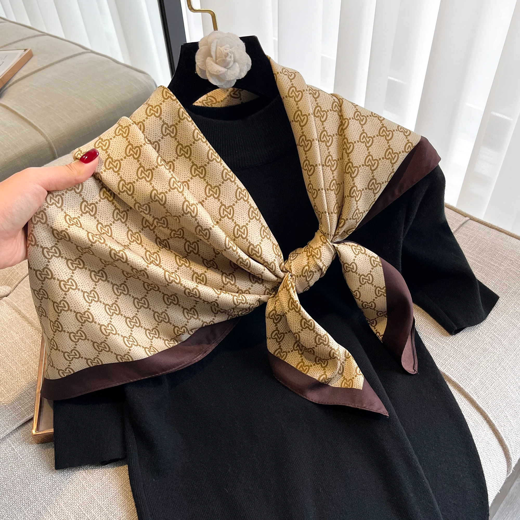 New 90cm Design Elephant Horse Twill  Silk Scarf Luxury Brand Square Scarves Women Hijab Scarf Foulard Neckerchief Bandana