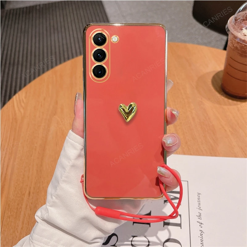 For Samsung Galaxy S23 Ultra 5G S23 Plus S22 S21 S20 FE 3D Gold Heart Plating Silicone Soft Case S 24 23 22 21 20 Cover S24ultra