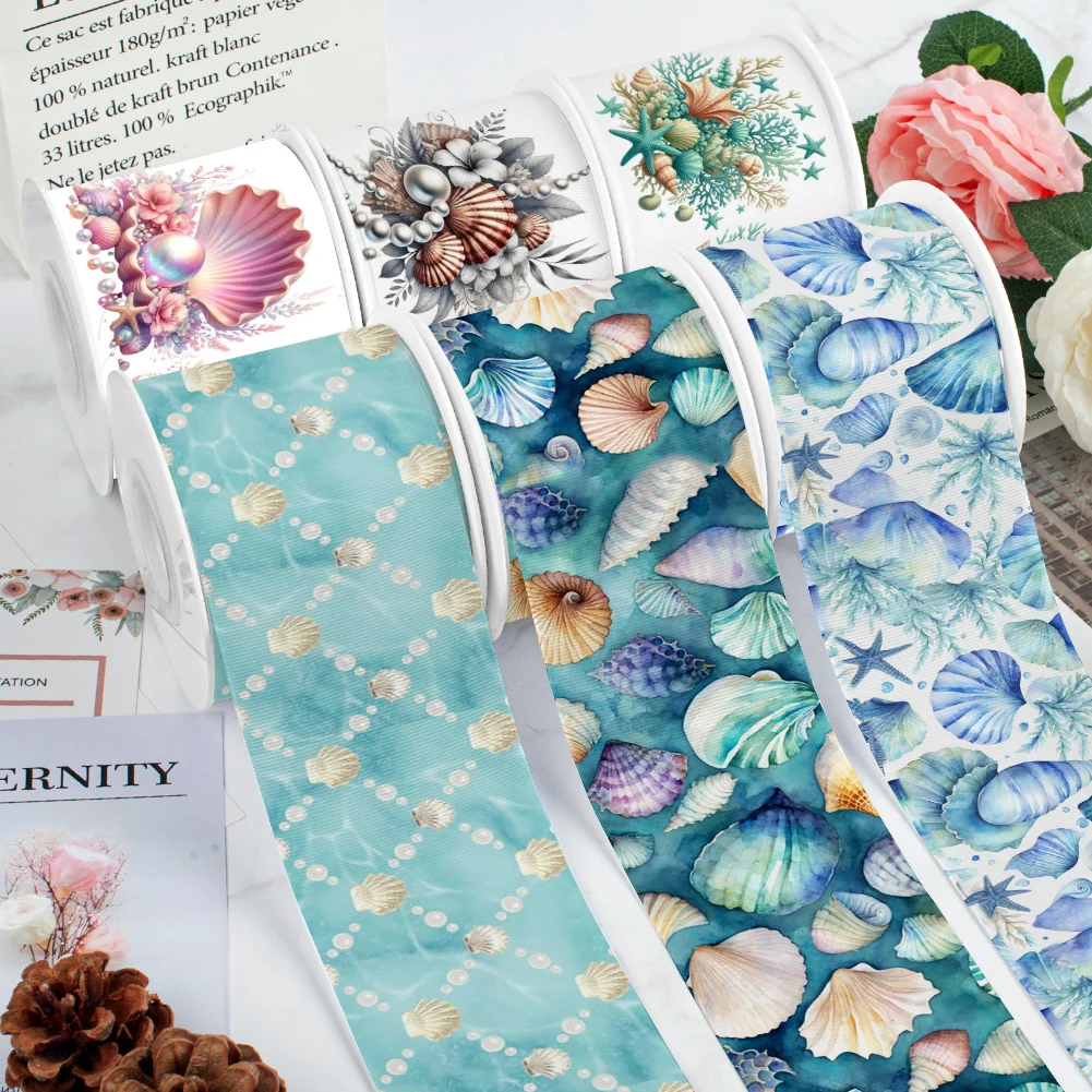 5 Yards Summer Ocean Shell Printed Grosgrain Ribbon for Cheer Bows DIY Girl Headwear Hair Bows Satin Ribbon