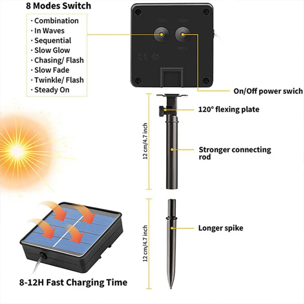100 LEDs 12m Solar Lamps 2 Modes Solar String Light Garlands Lights Holiday Fairy Lights Waterproof Sunproof Christmas Lights