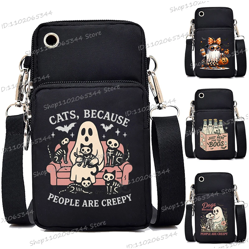 

Creative Halloween Mobile Phone Bag Women Men Funny Cat and Dog Print Ghost Pumpkin Mini Crossbody Bag Zipper Purses Gifts