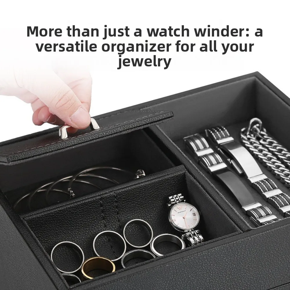 Automatic Double Watch Winder with Jewelry Tray - Quiet Motor, LED Light, Adjustable Pillows for Men's Watches