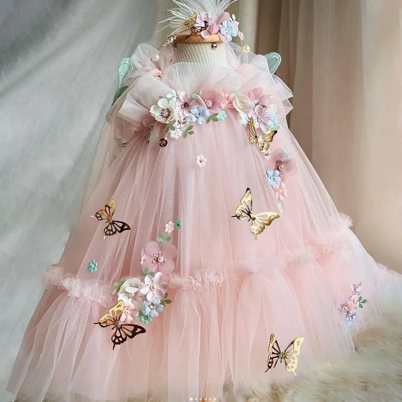 

Girls Butterfly Theam Foreign Trade Dress 2025 New Flower Mesh Puff Yarn Baby Butterfly Wings Princess Dress Live Delivery