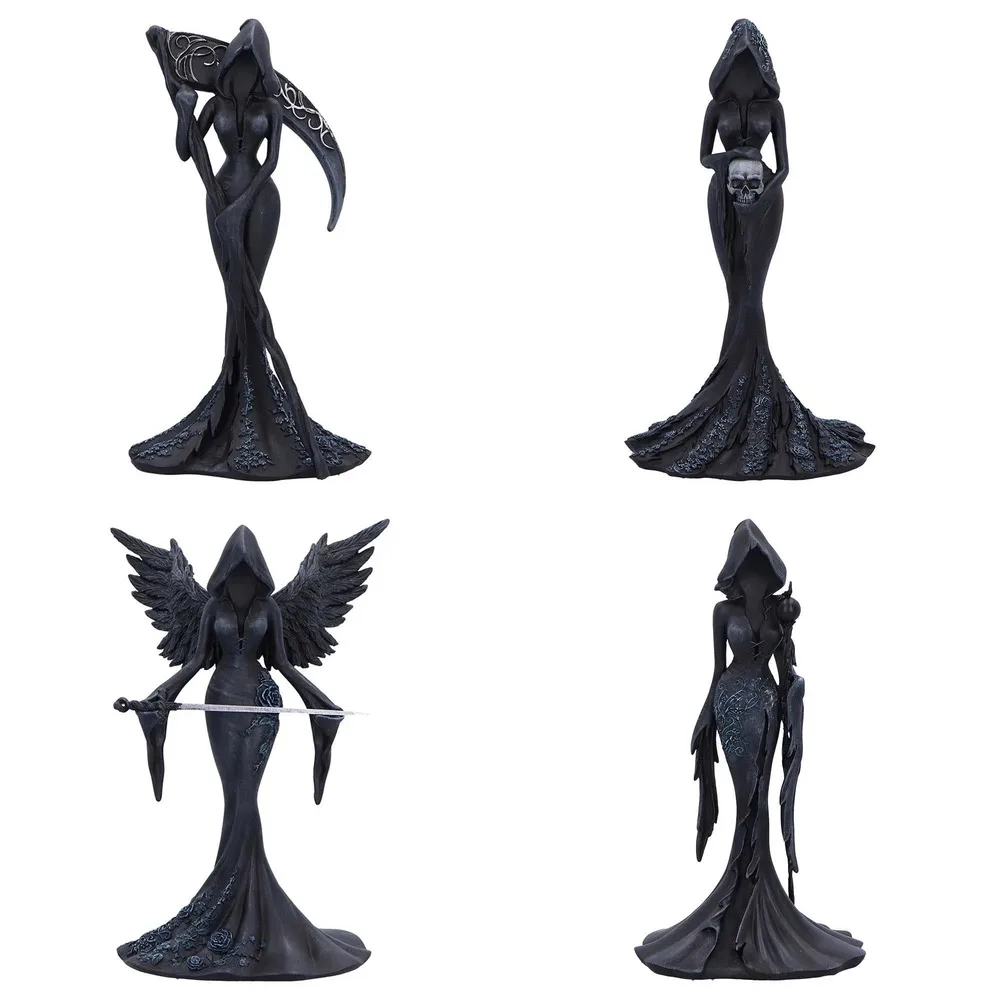 Black Resin Grim Reaper Lady Sculpture Gothic Fantasy Dark Fairy Statue Halloween Desktop Decor Collectible Craft Ornament Gift