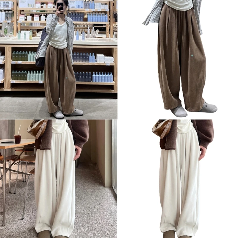 Women Elastic High Waist Wide Leg Sweatpants Casual Loose Long Pants Ribbed Solid Color Trousers with Pockets