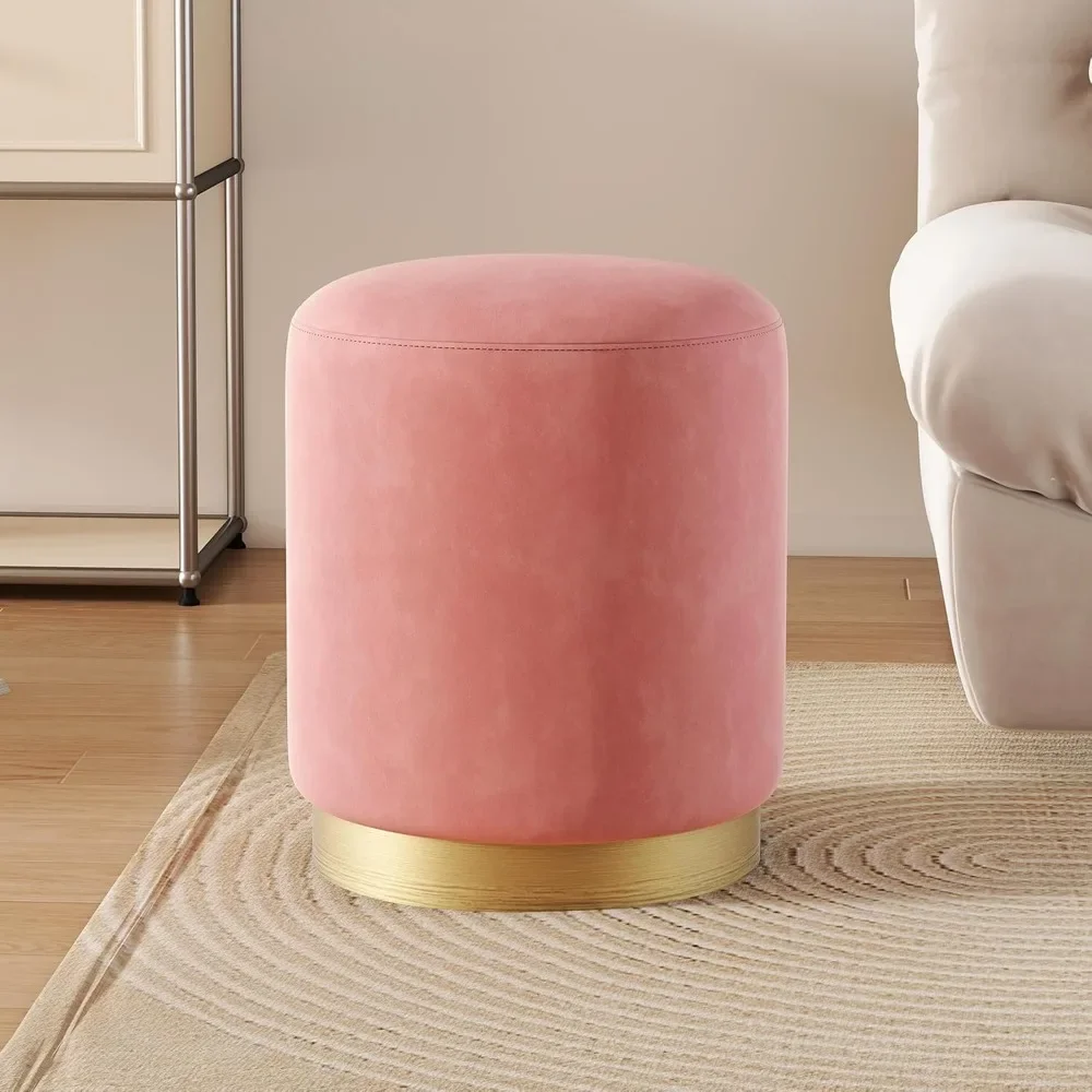 

Modern Round Pink Velvet Ottoman,Upholstered Floor Stools with Gold Plating Base,Accent Makeup Stool for Living Room