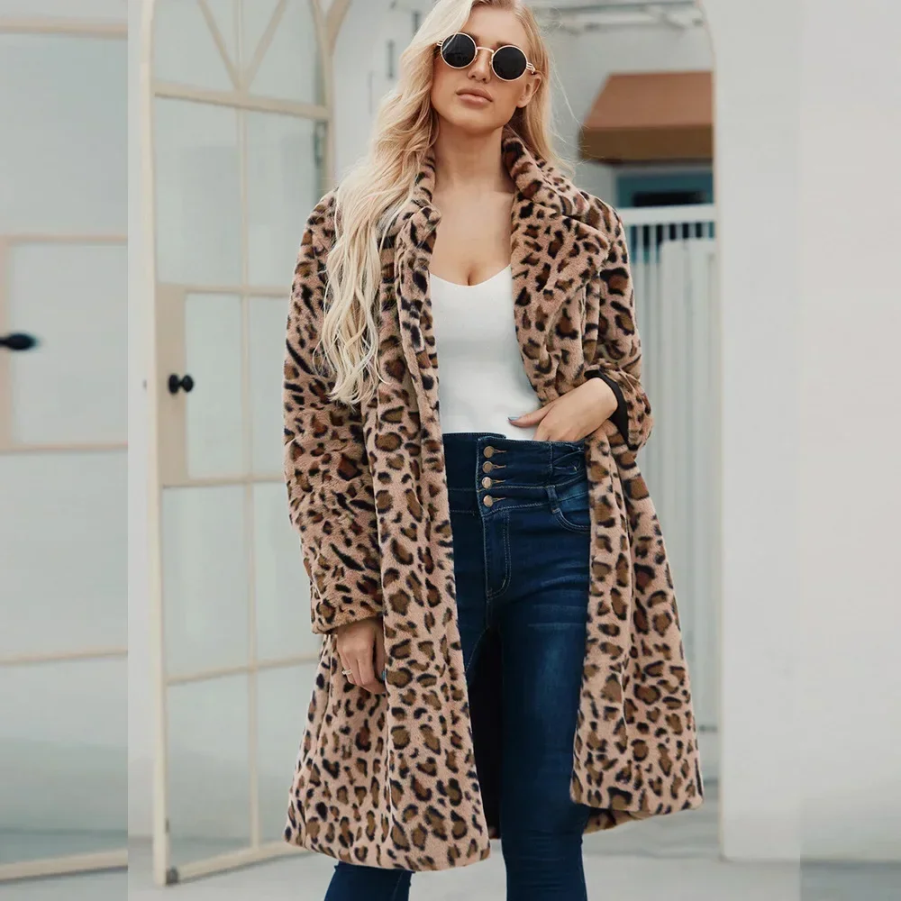 Mulheres casaco de pele do falso leopardo quente solto outono inverno grosso casacos longos turn down collar manga cintura alta maxi elegante jaqueta