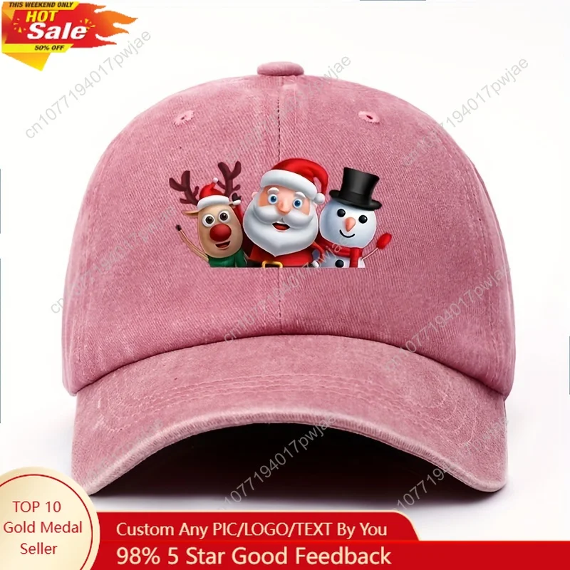 

Adjustable Cotton Christmas Baseball Cap with Festive Santa, Rudolph & Snowman Design - Lightweight, Washable Vintage Style for