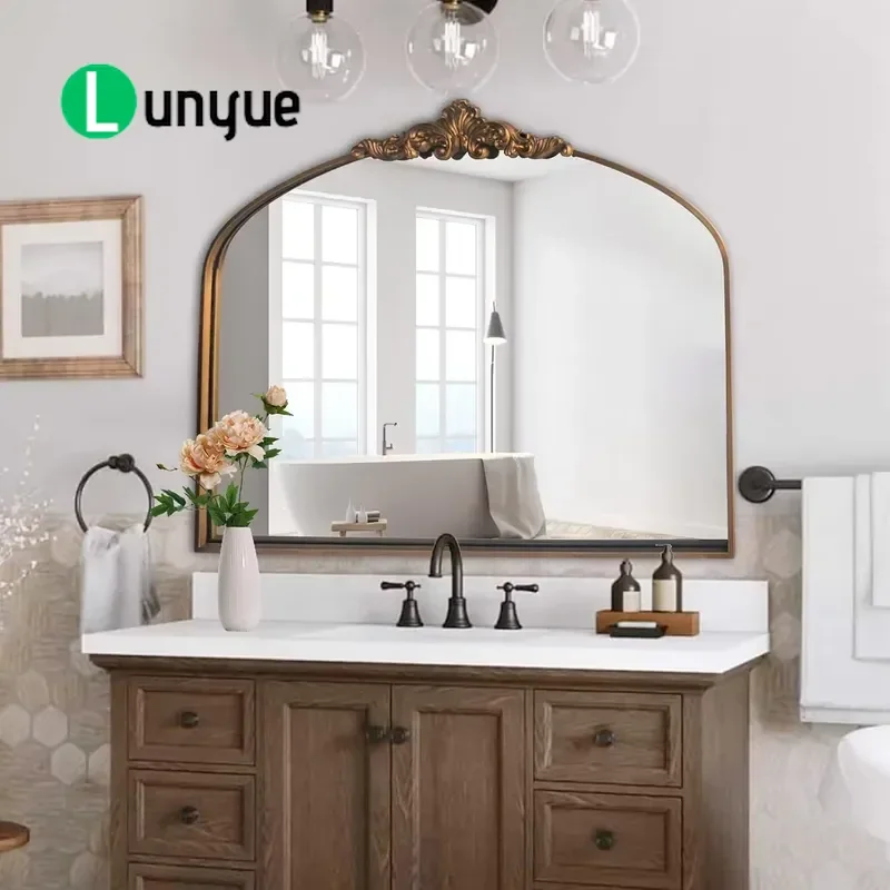 Arched Gold Traditional Baroque Glass Mirror Bathroom Mirror Tabletop/Wall Mounted Decor