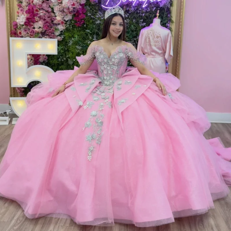 

Pink Quinceanera Dresses Off the Shoulder Glitter Flower Decal Lace Layering Long tail Bow Vestido De 15 Quinceanera Customize