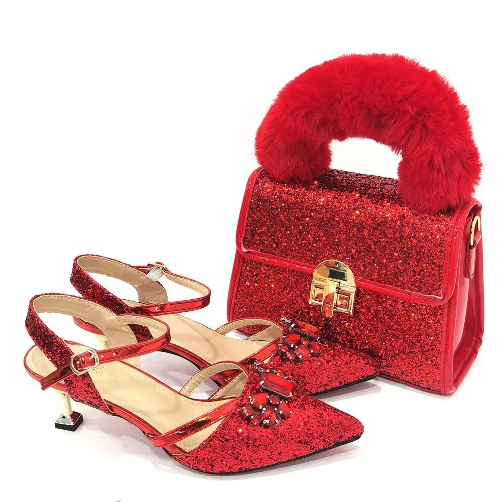 

Hot Sale Red Women Shoes Match Big Handbag Set African Dressing Pumps And Bag CR928,Heel 6CM