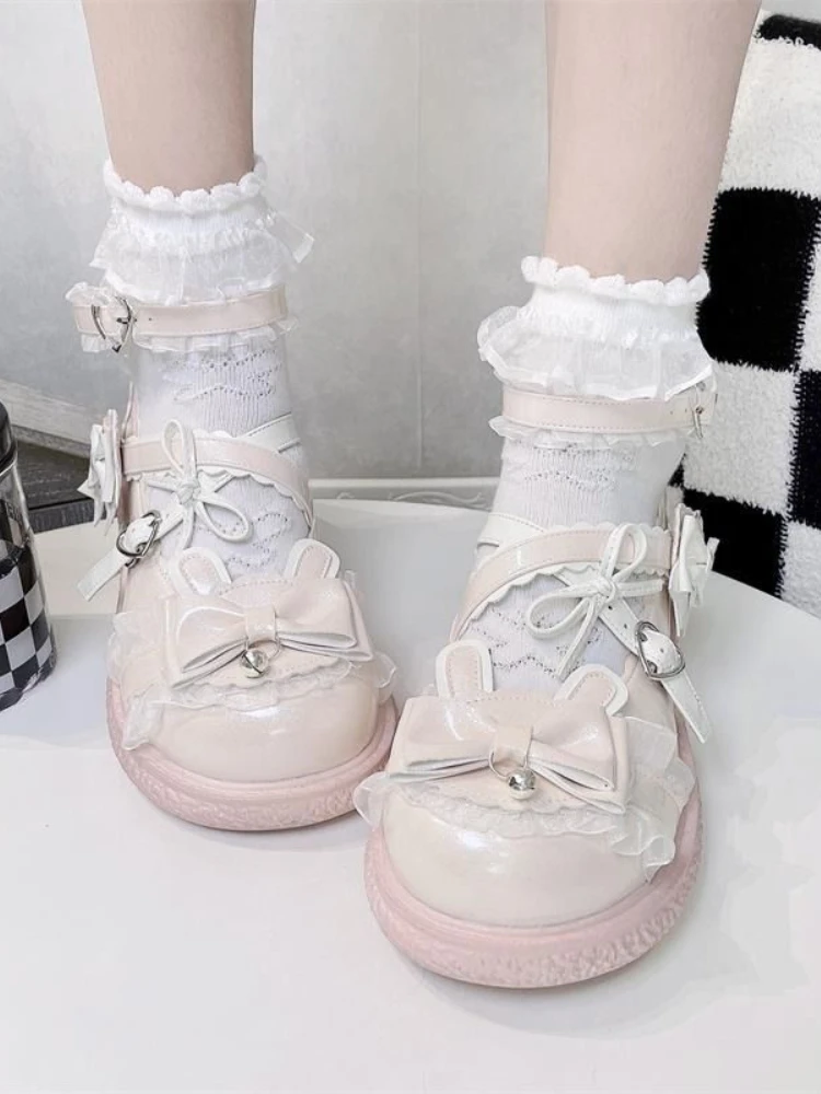 Sandali causali dolci e carini con fiocco rosa donna stile giapponese Lolita scarpe con punta tonda nastro da donna scarpe basse principessa Kawaii