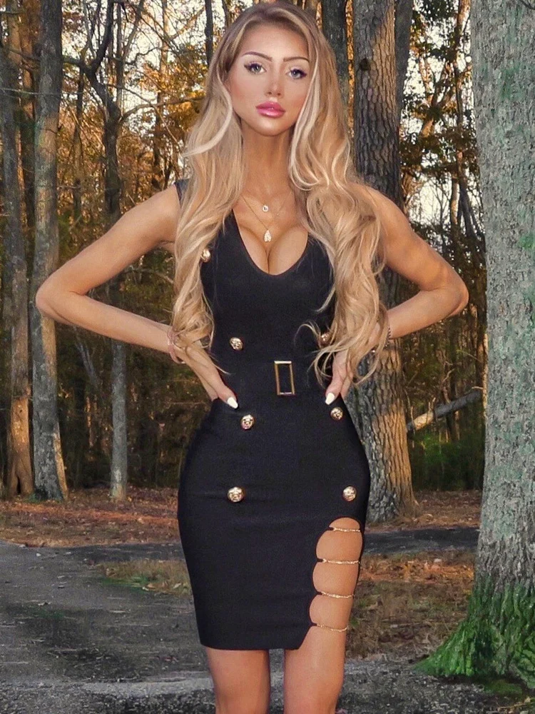 

Faionable V-Ne Metal Button Hollow out High Elastic Bandage Chain Split Dr Strapl ort Par Evening Gown