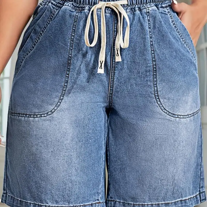 

Patchwork Denim Shorts Low Waist Drawstring Closure Unisex Five-Point Pants Non-Shrinking Large Size Nylon Fabric Summer 2015