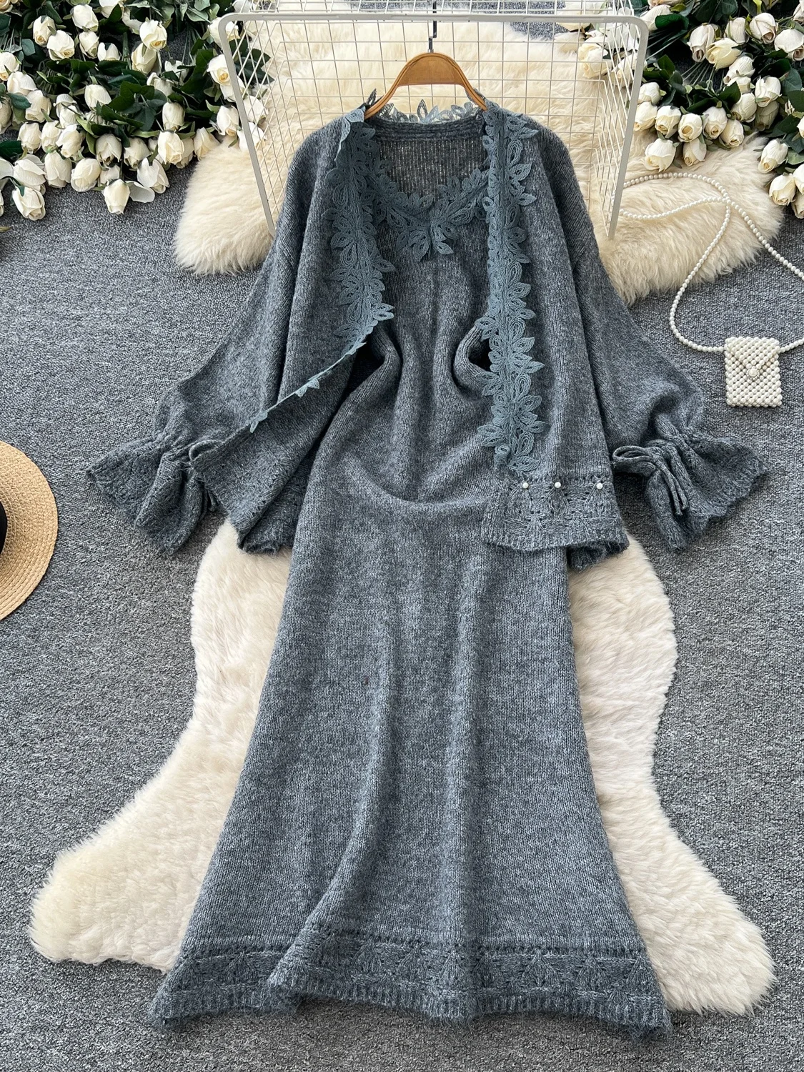 Ladies Knitted Set Soft Lazy Style Lace Trimmed Strap Dress Loose Outerwear Two-Piece Suit Commute Casual Autumn Wear