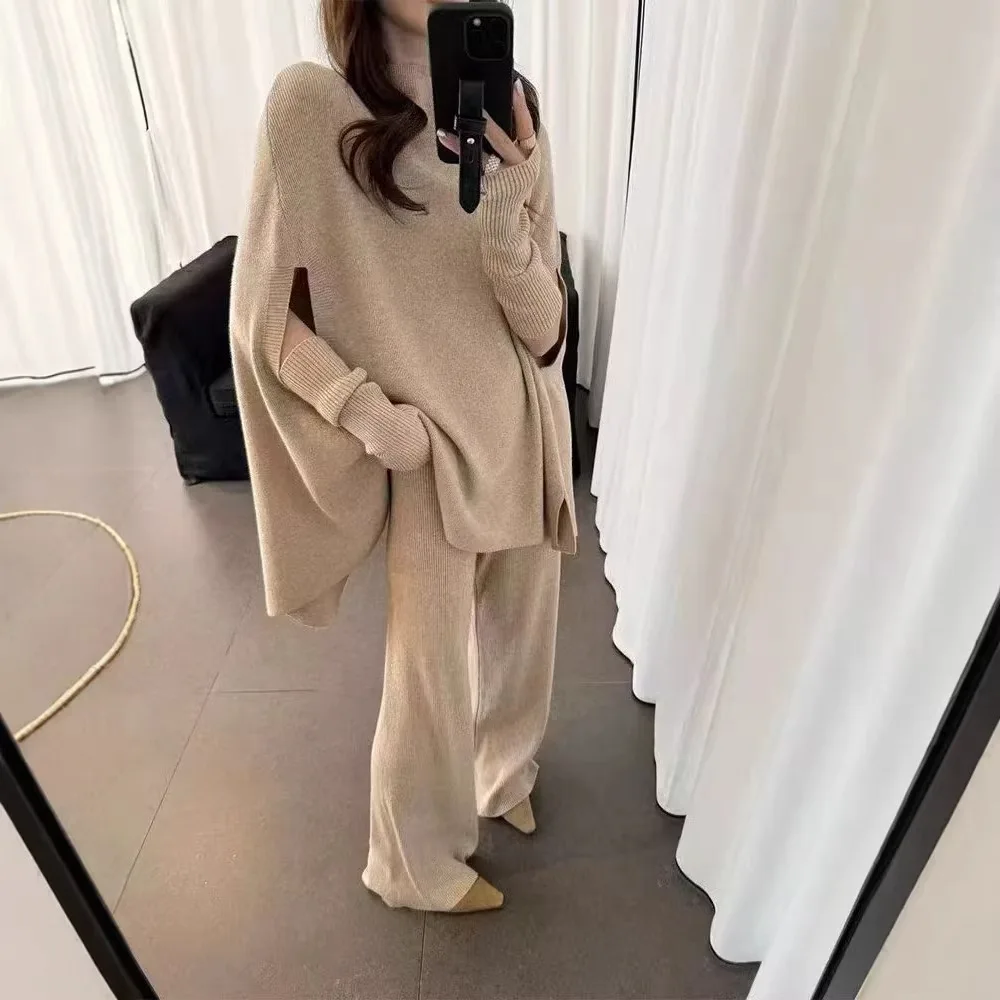 SuperAen ルーズバットウィングスリーブセーター女性用ワイドレッグパンツ取り外し可能な袖秋と冬のファッション 3 点セット