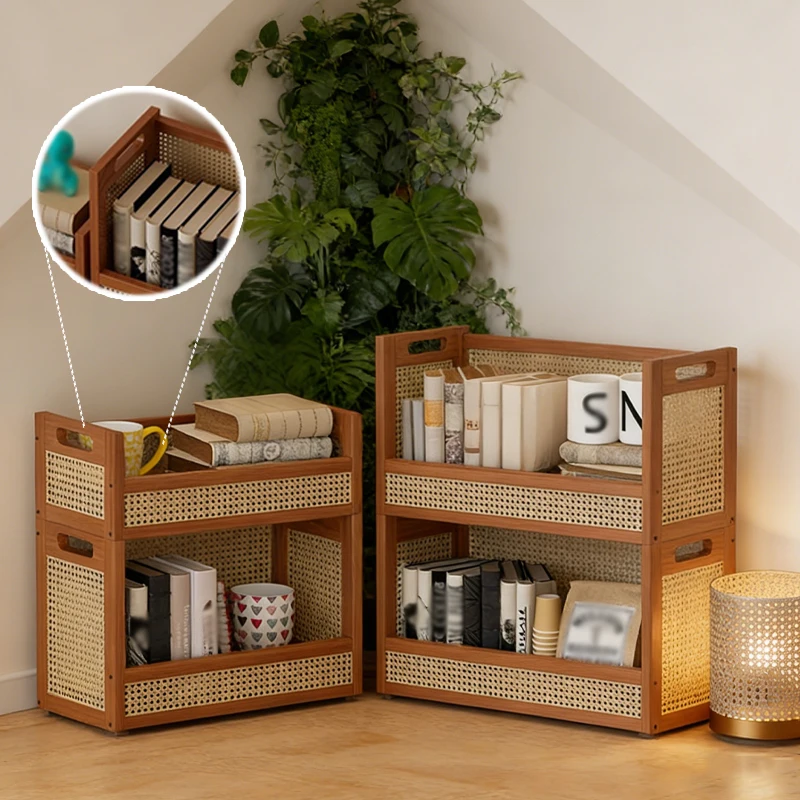 

Modular Bamboo Rattan Shelf Set Vintage Stackable Storage Organizer for Books Eco Friendly Design Multi Purpose Space Saving
