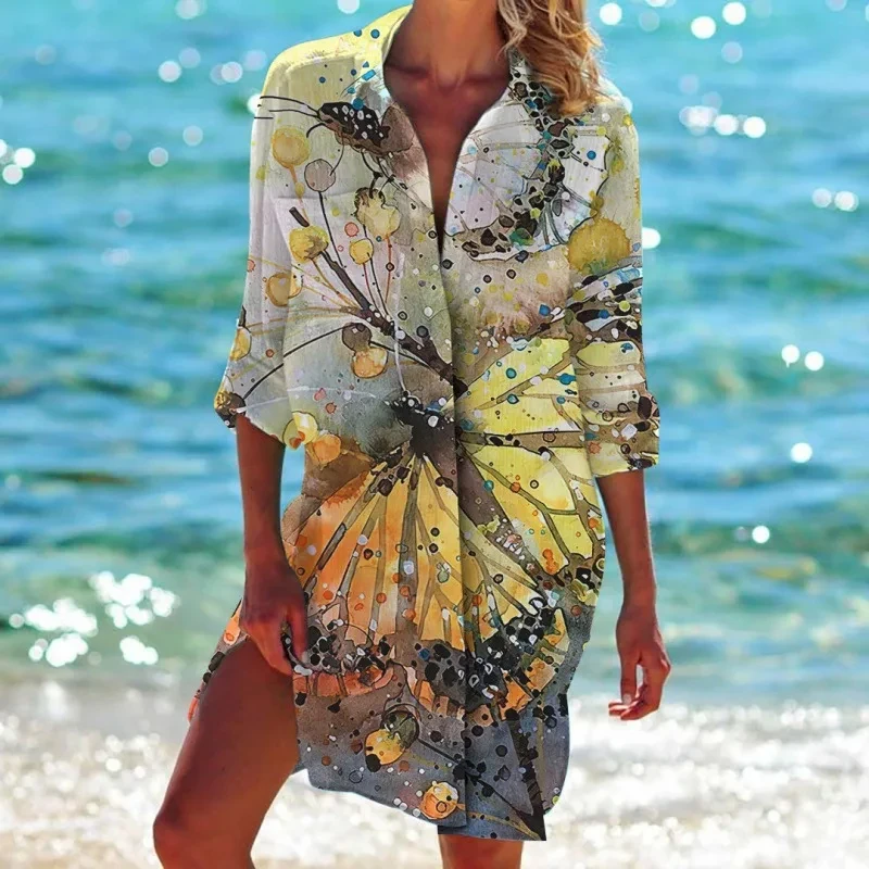 Robe hawaïenne à imprimé papillon 3D pour femmes, chemise de plage sexy, manteau, chemise maxi à manches longues, nouveau, été