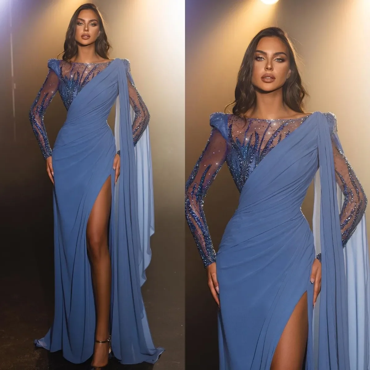 Vestido de noche de lujo con purpurina para mujer, elegante vestido Sexy de sirena con lentejuelas de encaje, cuello redondo, abertura lateral en la cadera, formal, fiesta de graduación