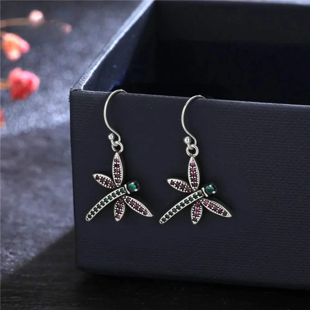 

925 Sterling Silver Earrings Color Dragonfly Drop Earring for Women New Exquisite Luxury Party Ear Jewelry Gift